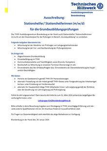 Das THW-Ausbildungszentrum Brandenburg sucht Stationshelfer/Stationshelferinnen (m/w/d) im Bereich „Grundausbildungspruefung“.